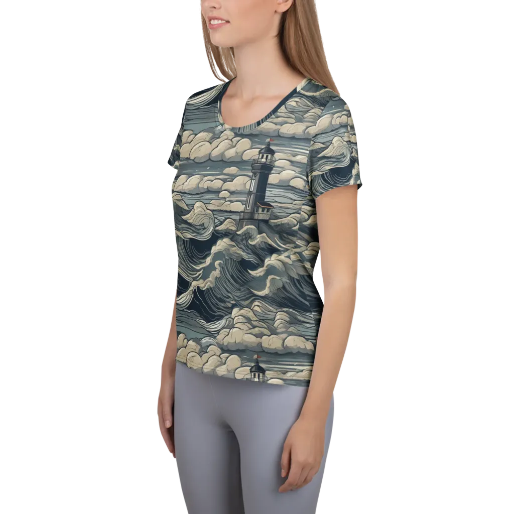 Stormwatch Lighthouse on Women's Athletic T-Shirt — Left