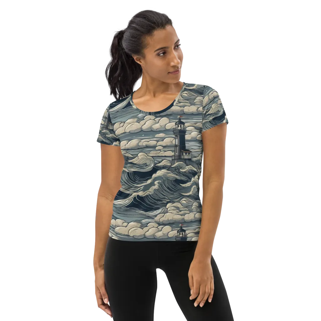Stormwatch Lighthouse on Women's Athletic T-Shirt — Front