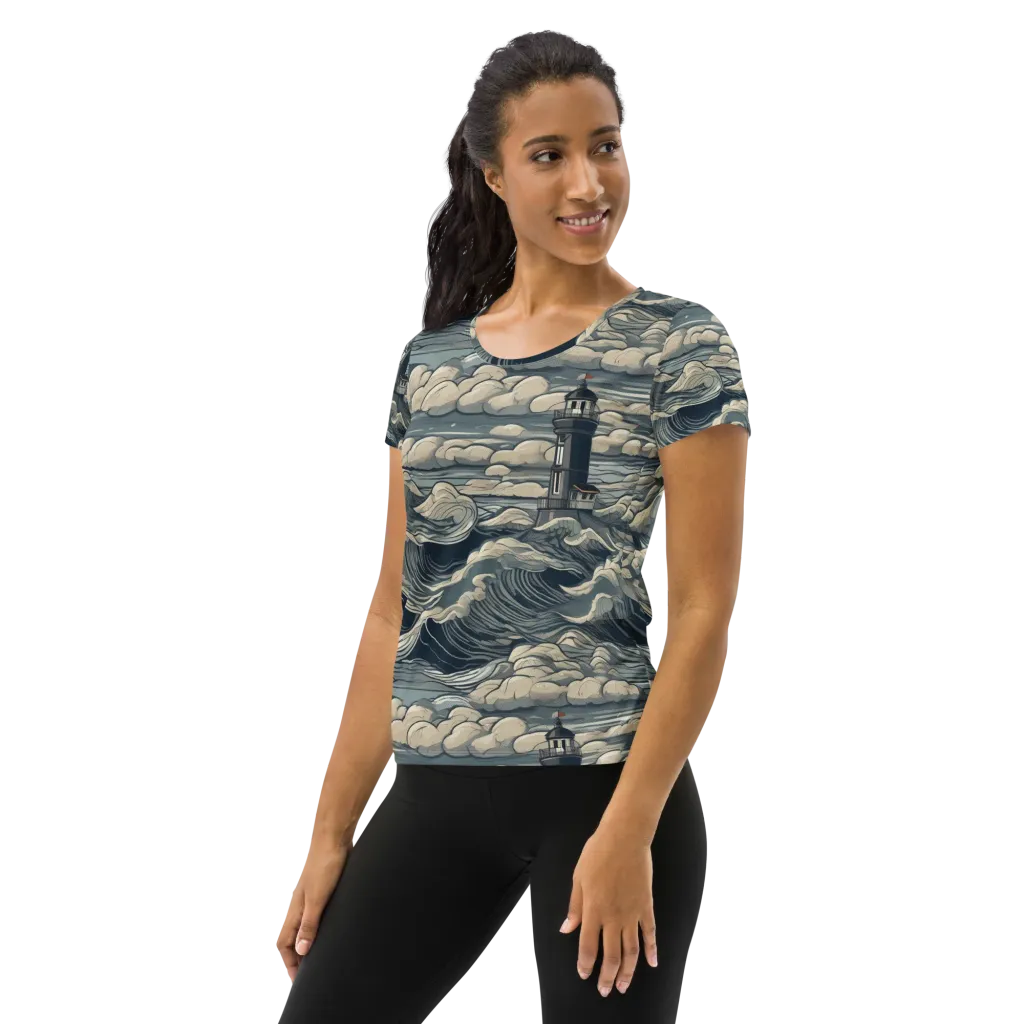 Stormwatch Lighthouse on Women's Athletic T-Shirt — Left