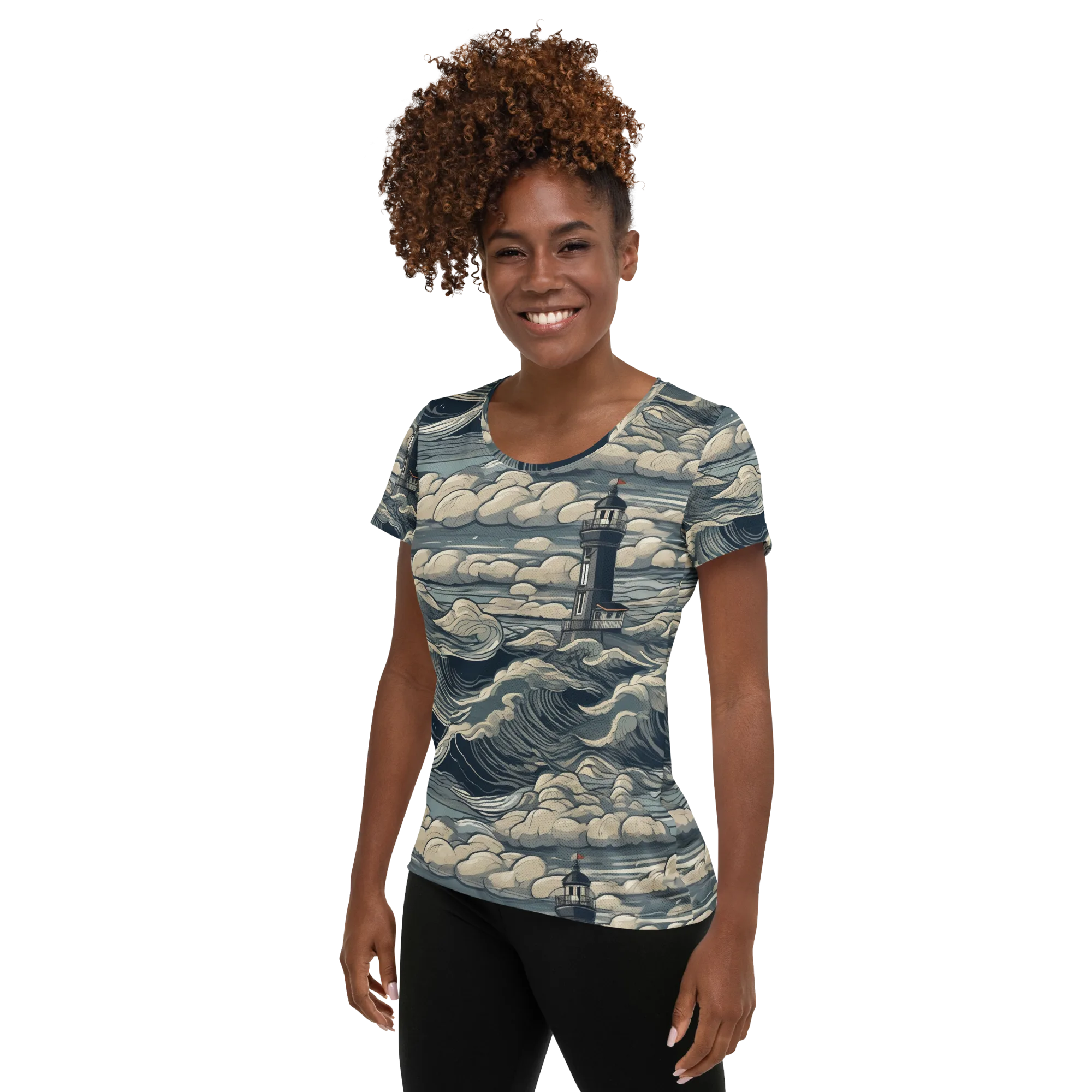 Stormwatch Lighthouse on Women's Athletic T-Shirt — Left