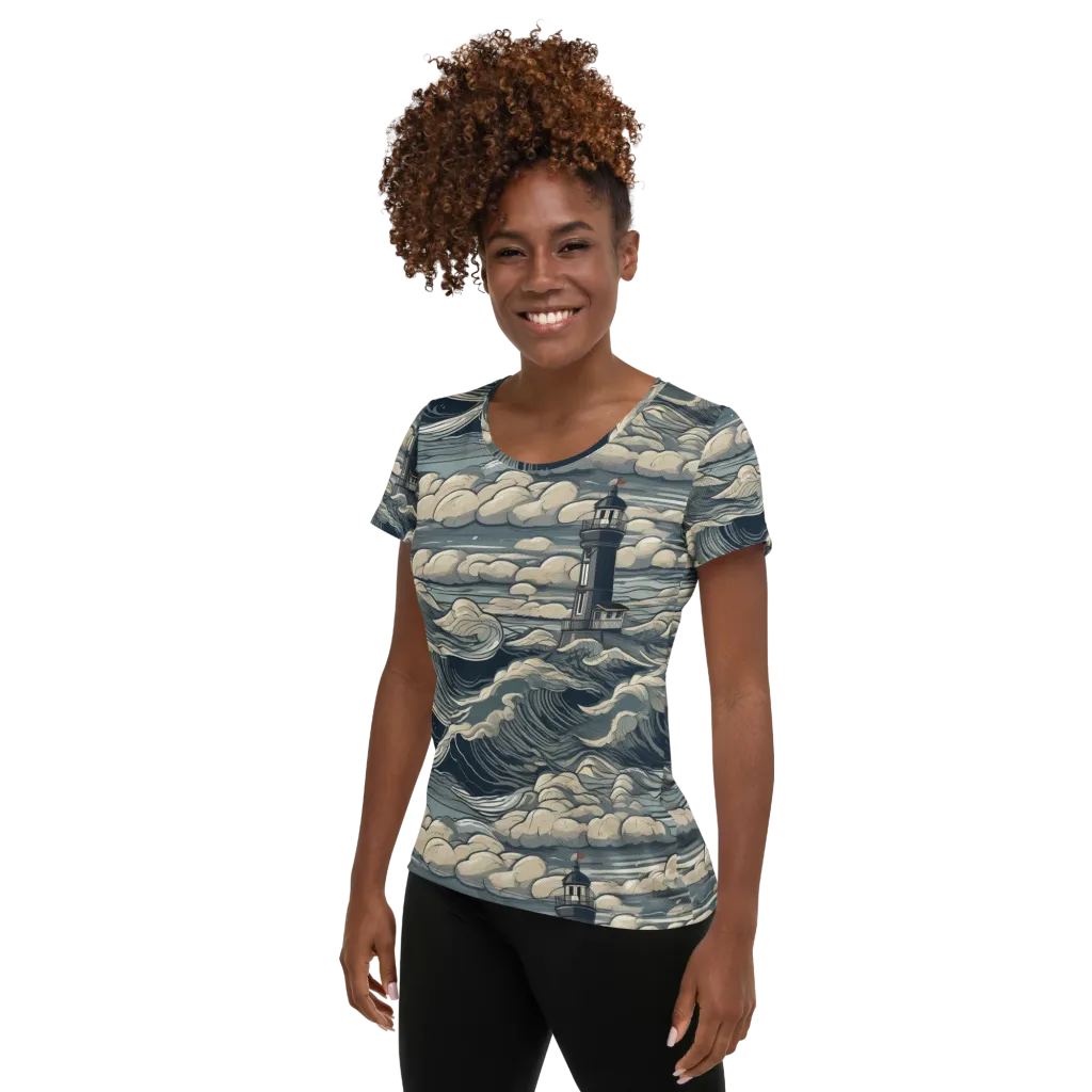 Stormwatch Lighthouse on Women's Athletic T-Shirt — Left