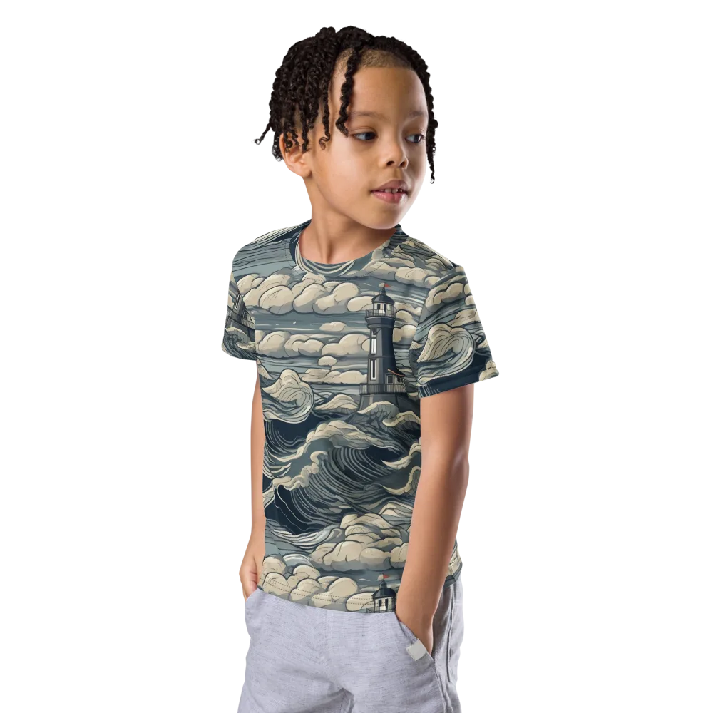Stormwatch Lighthouse on Kids Crew Neck T-Shirt — Left Front