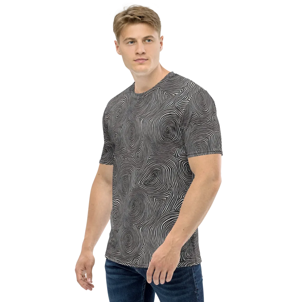 Obsidian Rings on Men's Crew Neck T-Shirt — Left