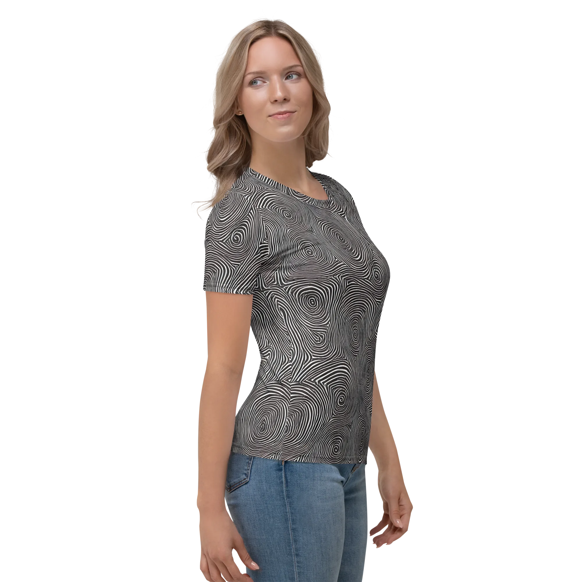 Obsidian Rings on Women's Crew Neck T-Shirt — Right
