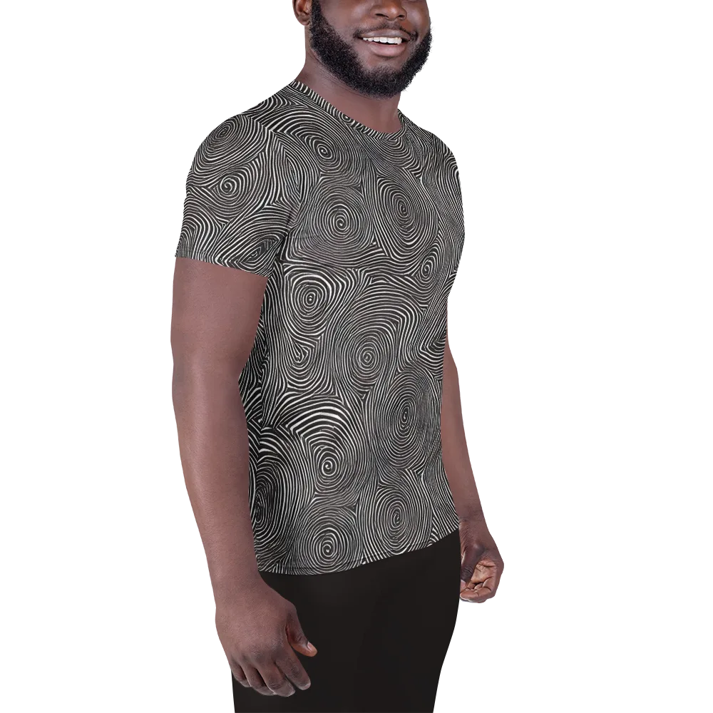 Obsidian Rings on Men's Athletic T-Shirt — Right