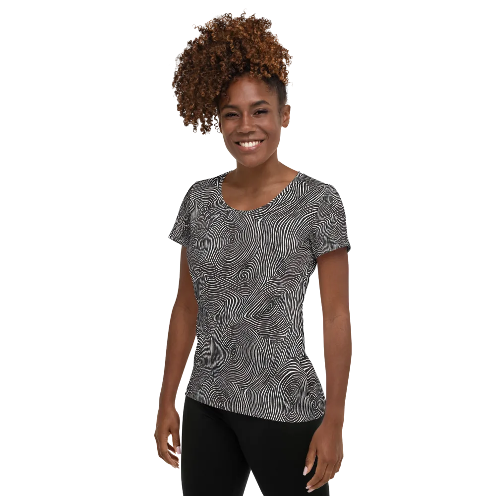 Obsidian Rings on Women's Athletic T-Shirt — Left