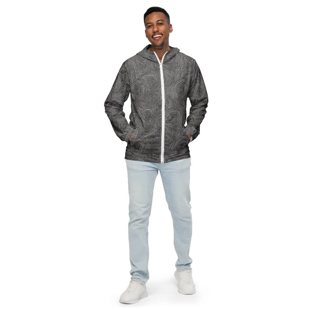 Obsidian Rings on Men's Windbreaker — Front
