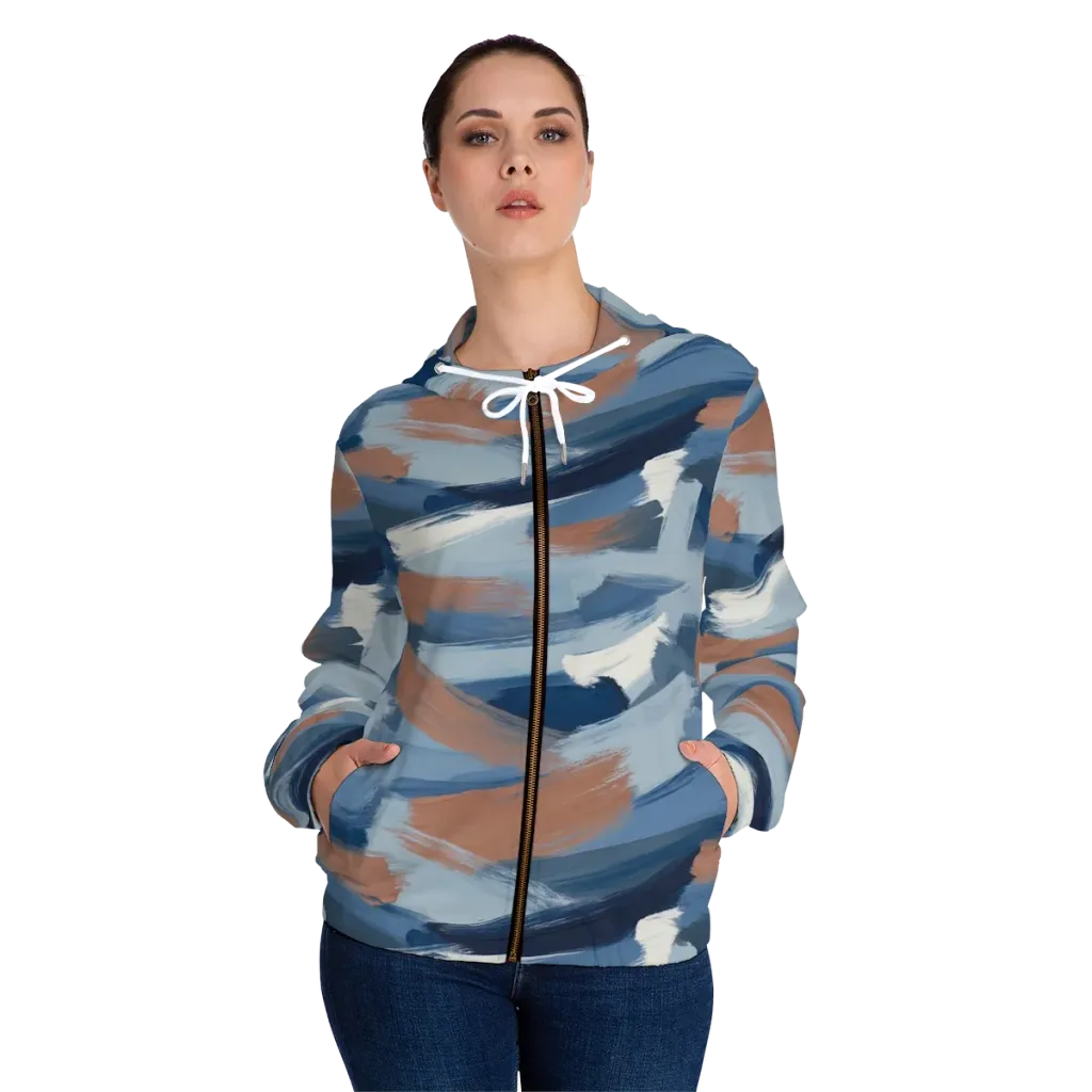 Indigo Brush Current on Women's Full-Zip Hoodie — Front On Person