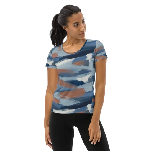 Indigo Brush Current on a Women's Athletic T-Shirt