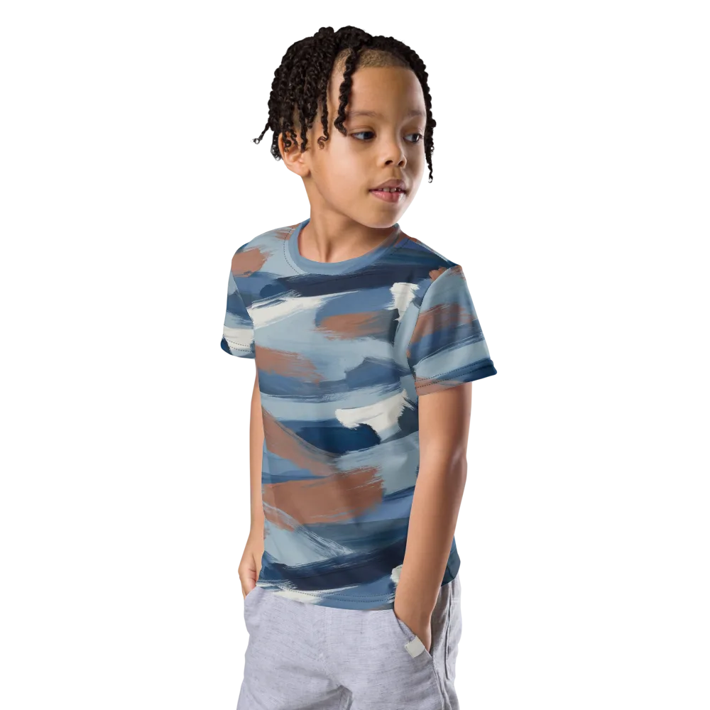 Indigo Brush Current on Kids Crew Neck T-Shirt — Left Front