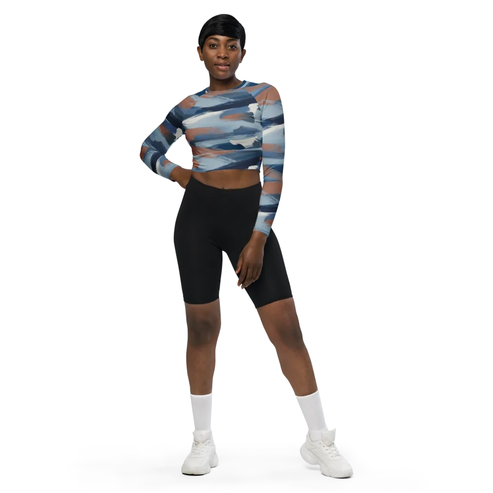 Indigo Brush Current on Long Sleeve Crop Top — Front