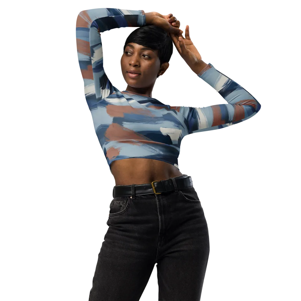Indigo Brush Current on Long Sleeve Crop Top — Front