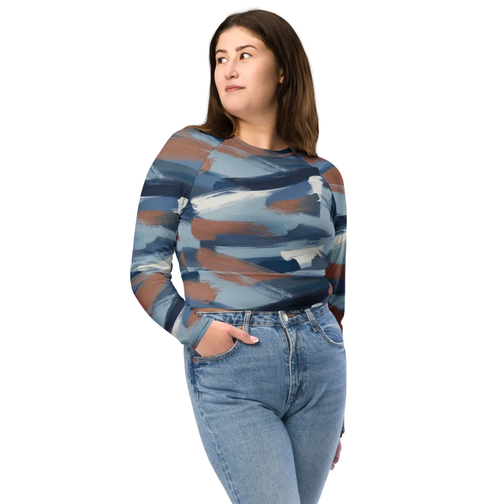 Indigo Brush Current on Long Sleeve Crop Top — Front