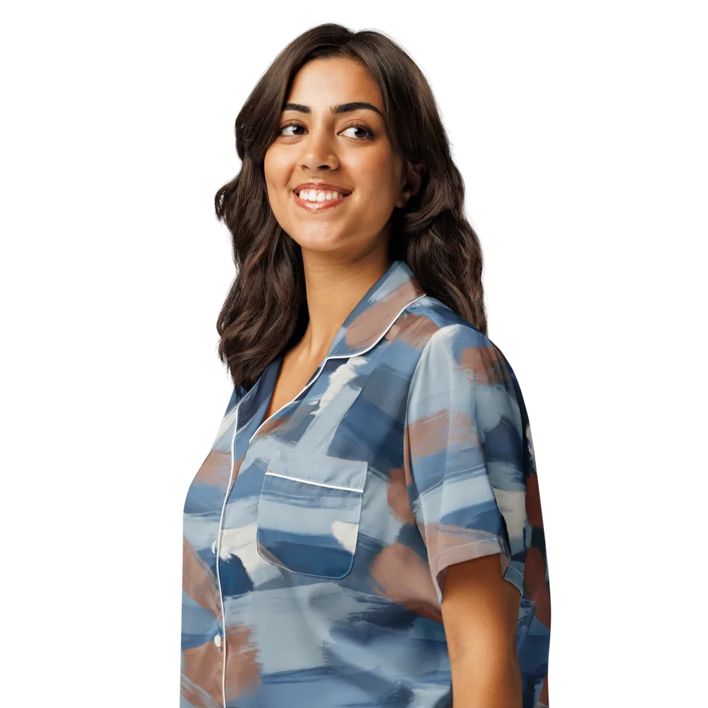 Indigo Brush Current on Women's Short Sleeve Pajama Top — Left Front