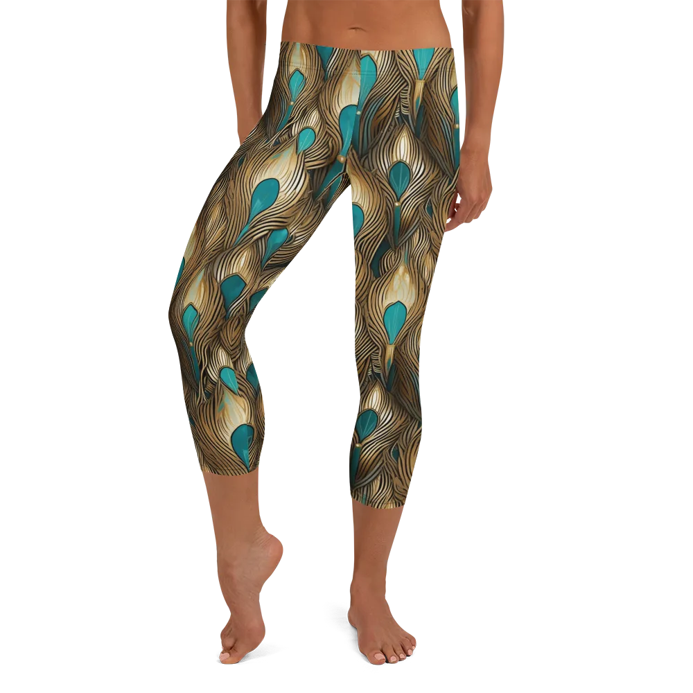 Gilded Teal Plume on Capri Leggings — Front