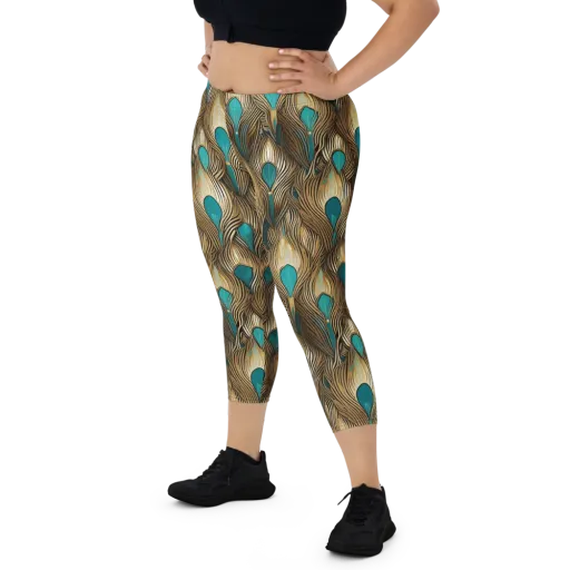 Gilded Teal Plume on a Capri Leggings