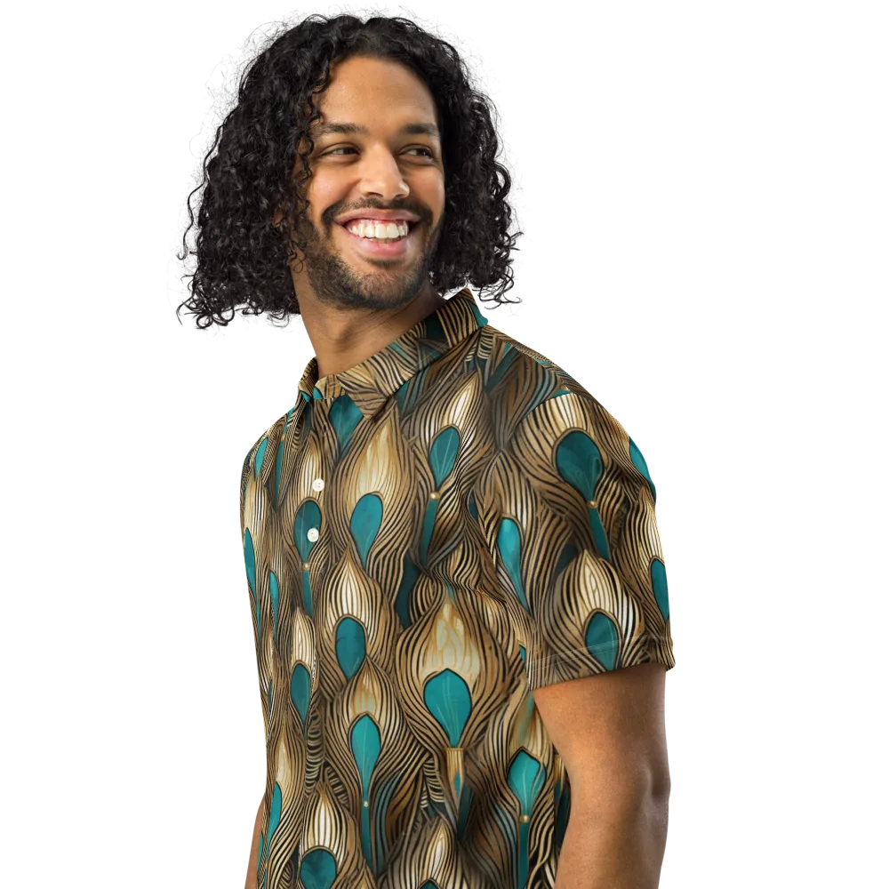 Gilded Teal Plume on Men's Slim Fit Polo Shirt — Left Front