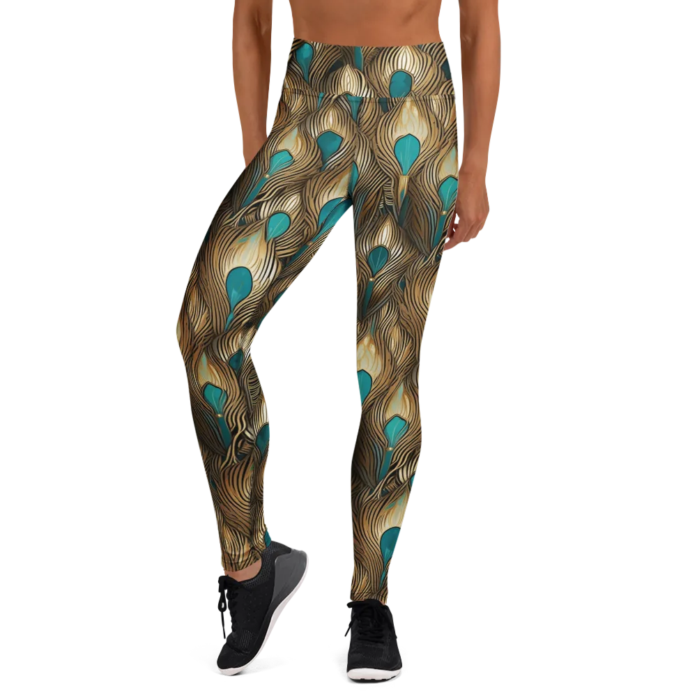 Gilded Teal Plume on Yoga Leggings — Front