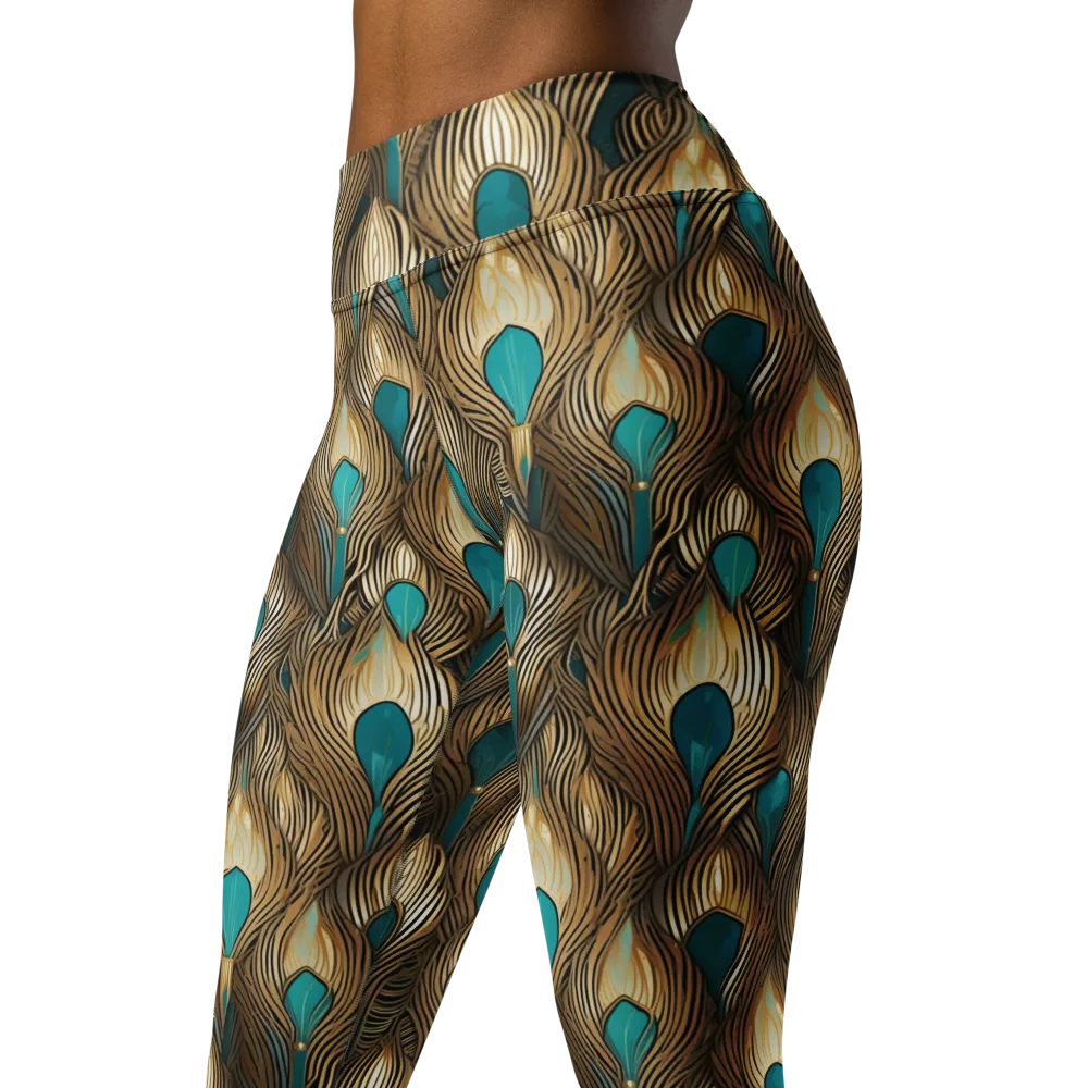 Gilded Teal Plume on Yoga Leggings — Left Front