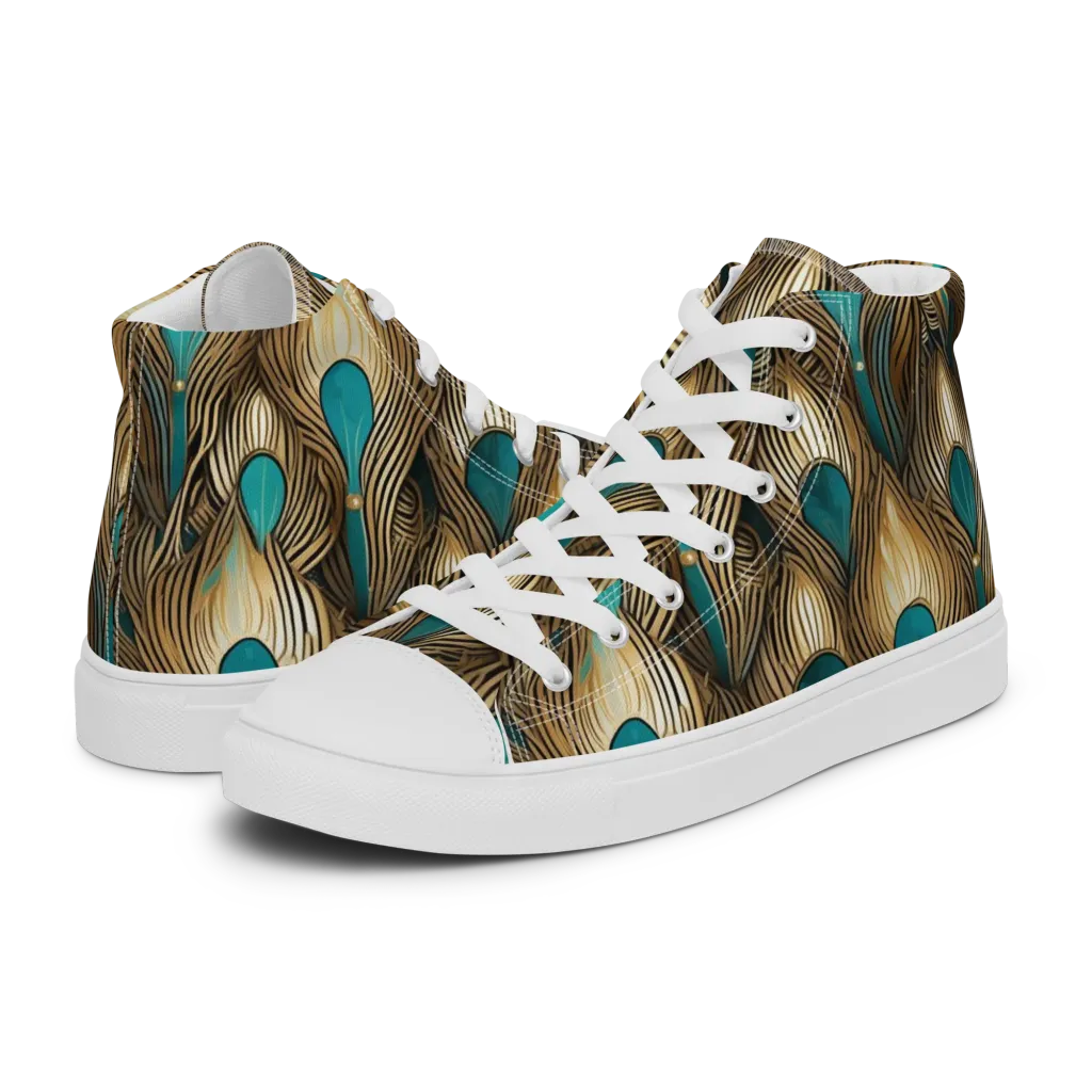 Gilded Teal Plume on Men's High Top Canvas Shoes — Left