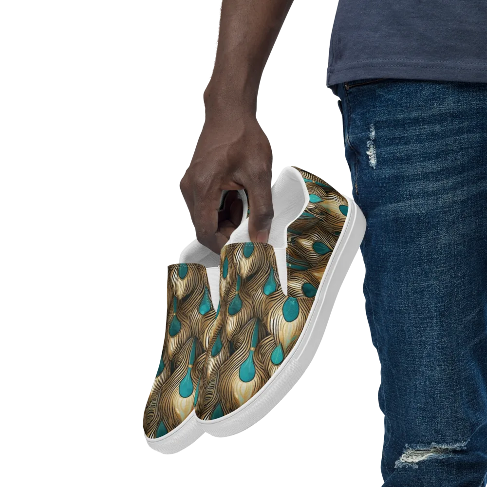 Gilded Teal Plume on Men's Slip-On Canvas Shoes — Left Front