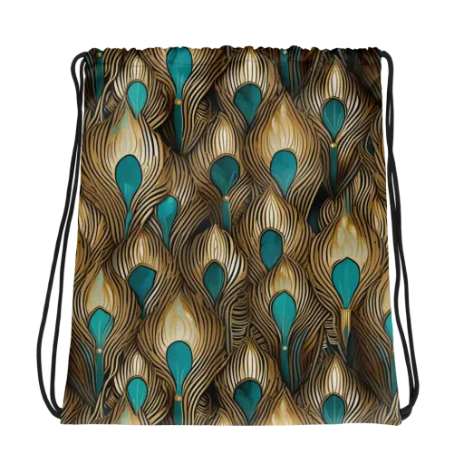 Gilded Teal Plume on a Drawstring Bag