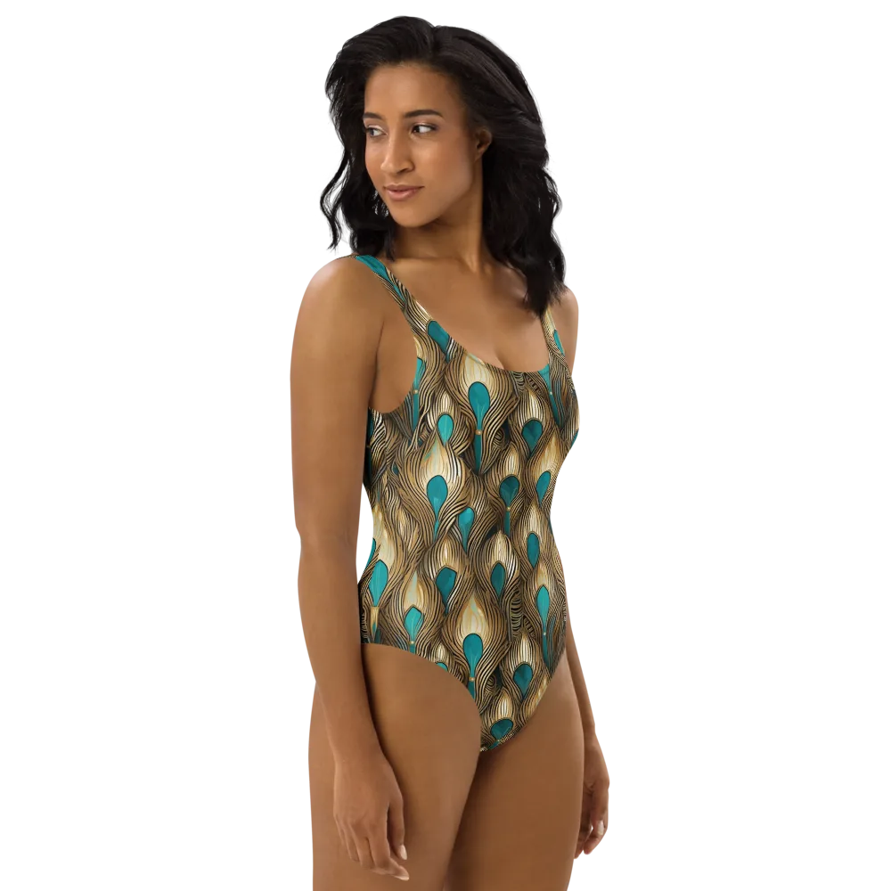 Gilded Teal Plume on One-Piece Swimsuit — Right