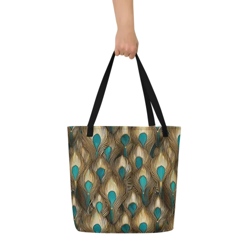 Gilded Teal Plume on a Large Tote Bag W/ Pocket