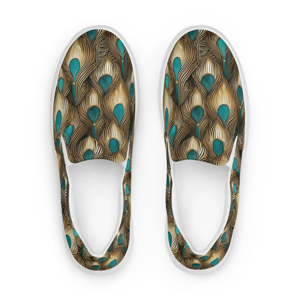 Gilded Teal Plume on Women's Slip-On Canvas Shoes — Front