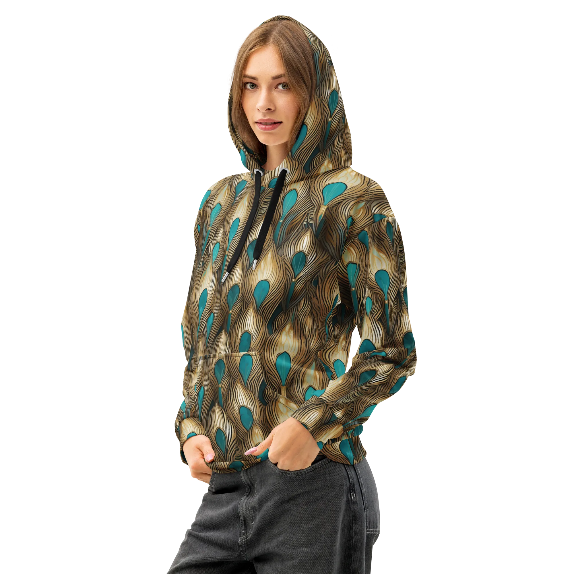 Gilded Teal Plume on Cotton Hoodie — Left Front