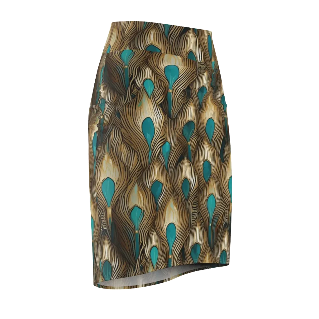 Gilded Teal Plume on Pencil Skirt — Front Side