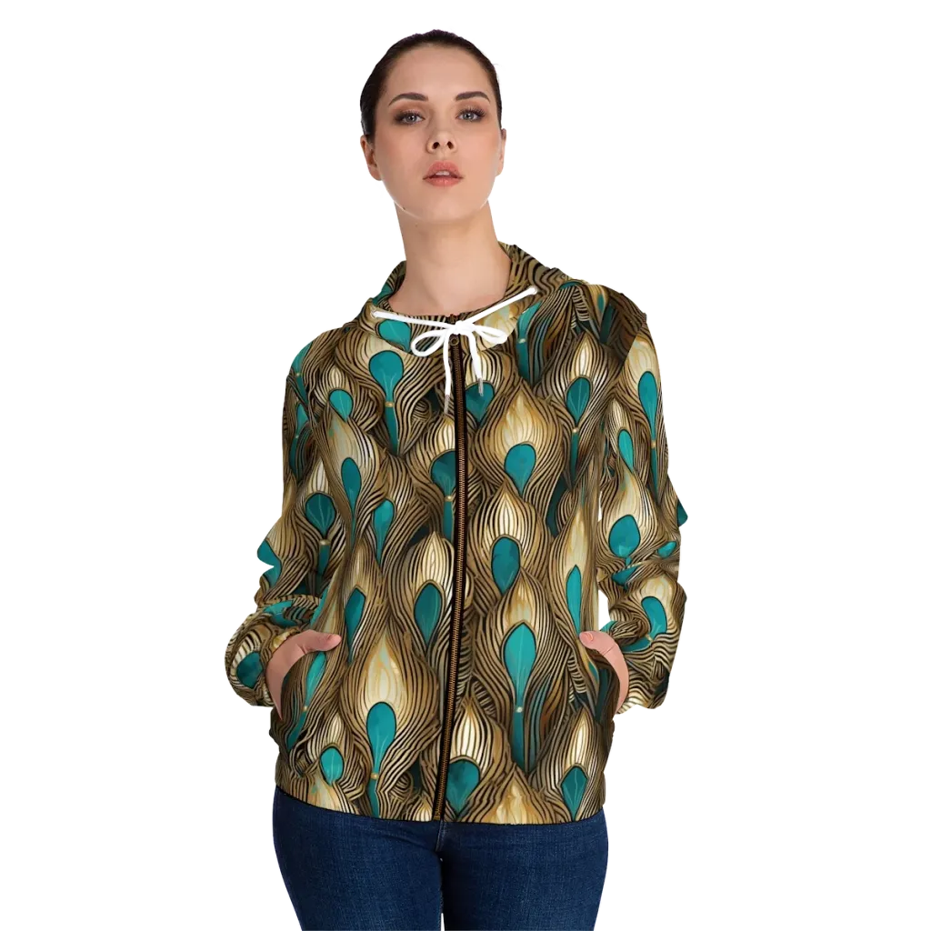 Gilded Teal Plume on Women's Full-Zip Hoodie — Front On Person