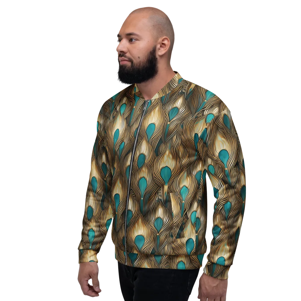 Gilded Teal Plume on Bomber Jacket — Left