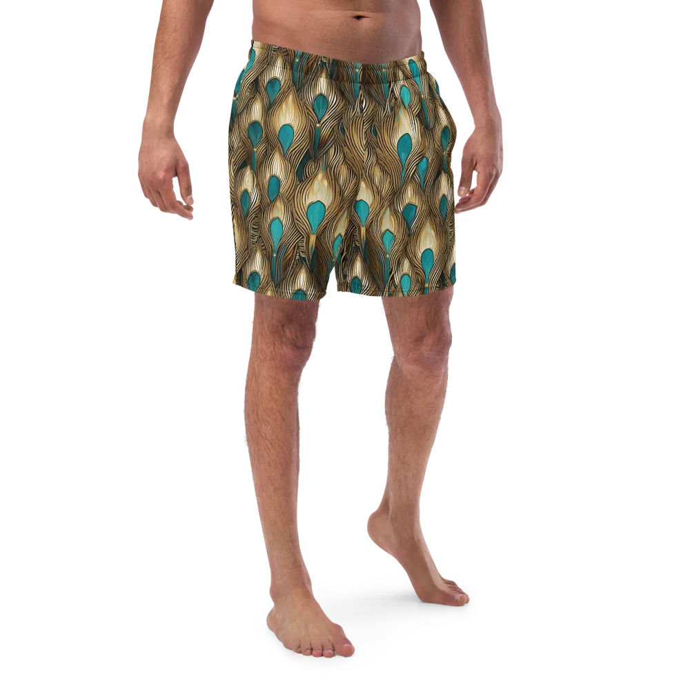 Gilded Teal Plume on Swim Trunks — Front