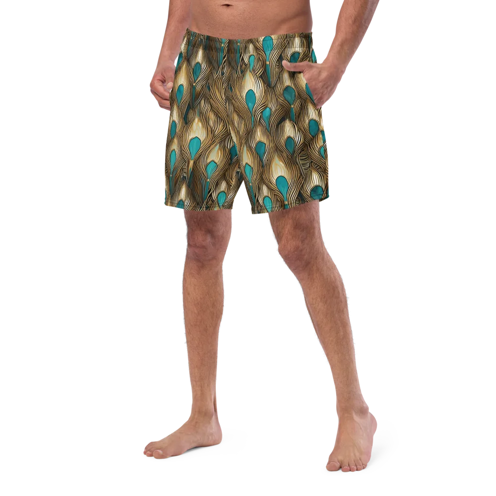 Gilded Teal Plume on Swim Trunks — Left Front