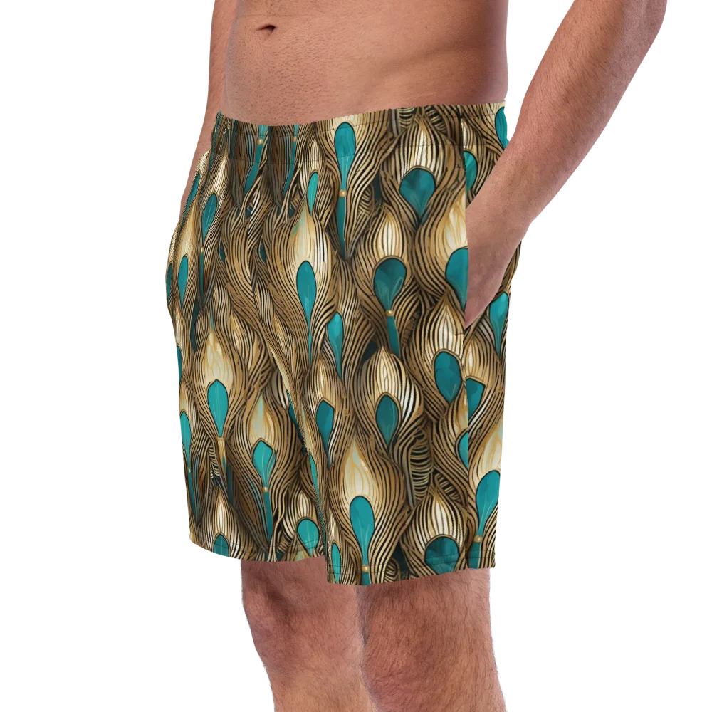 Gilded Teal Plume on Swim Trunks — Left Front