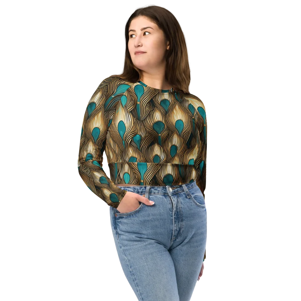 Gilded Teal Plume on Long Sleeve Crop Top — Front