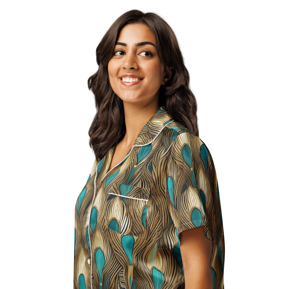 Gilded Teal Plume on Women's Short Sleeve Pajama Top — Left Front