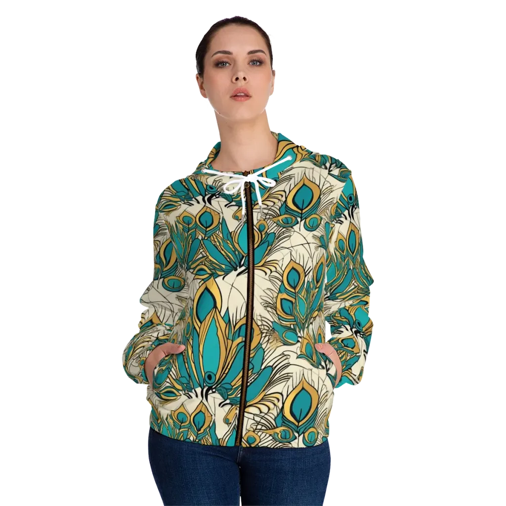 Peacock Gilt on Women's Full-Zip Hoodie — Front On Person