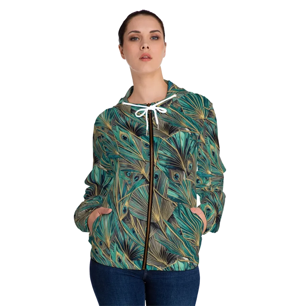Peacock Tapestry on Women's Full-Zip Hoodie — Front On Person