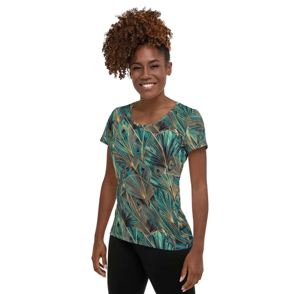 Peacock Tapestry on Women's Athletic T-Shirt — Left