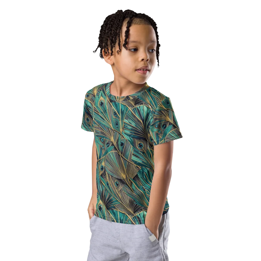 Peacock Tapestry on Kids Crew Neck T-Shirt — Left Front