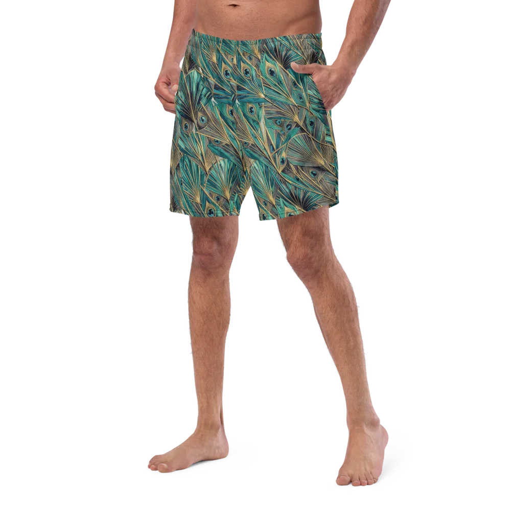 Peacock Tapestry on Swim Trunks — Left Front