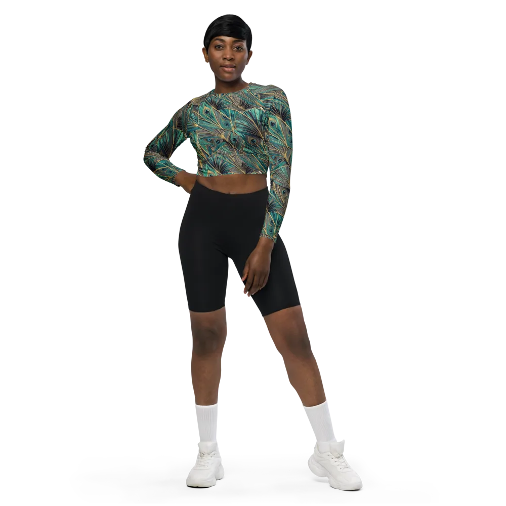 Peacock Tapestry on Long Sleeve Crop Top — Front