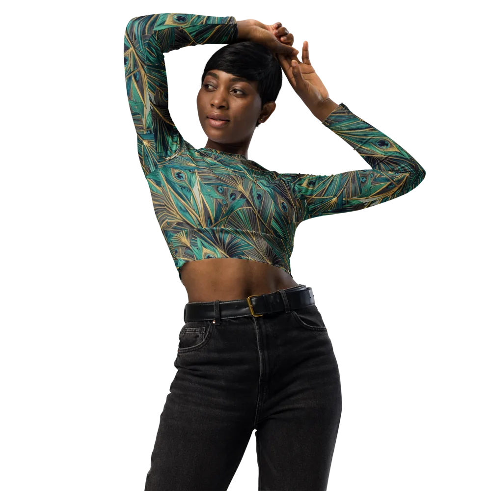 Peacock Tapestry on Long Sleeve Crop Top — Front