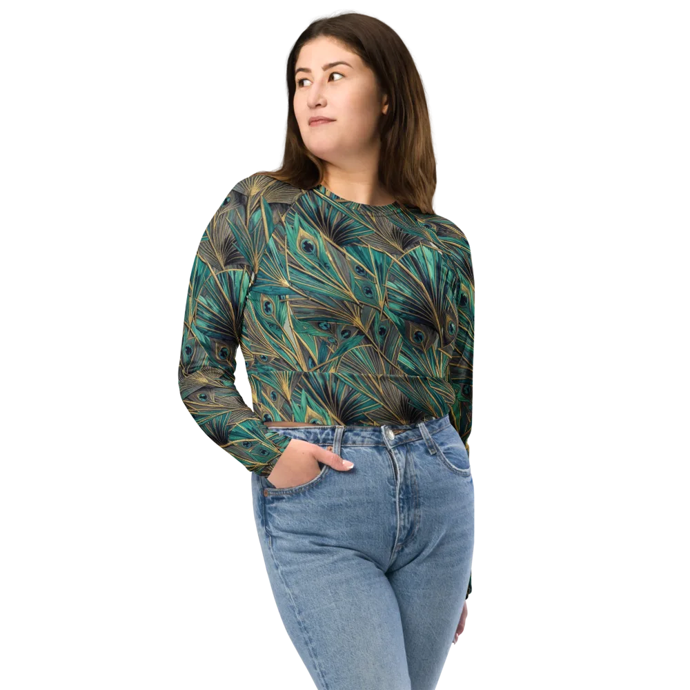 Peacock Tapestry on Long Sleeve Crop Top — Front