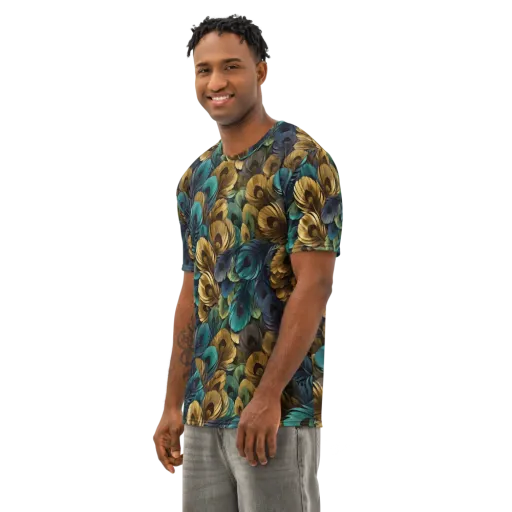 Peacock Afterglow on a Men's Cotton Crew Neck T-Shirt