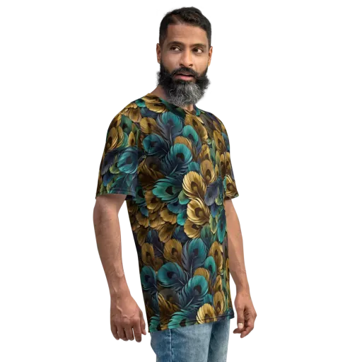 Peacock Afterglow on a Men's Crew Neck T-Shirt