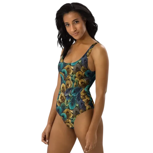 Peacock Afterglow on a One-Piece Swimsuit