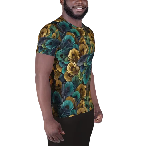 Peacock Afterglow on a Men's Athletic T-Shirt
